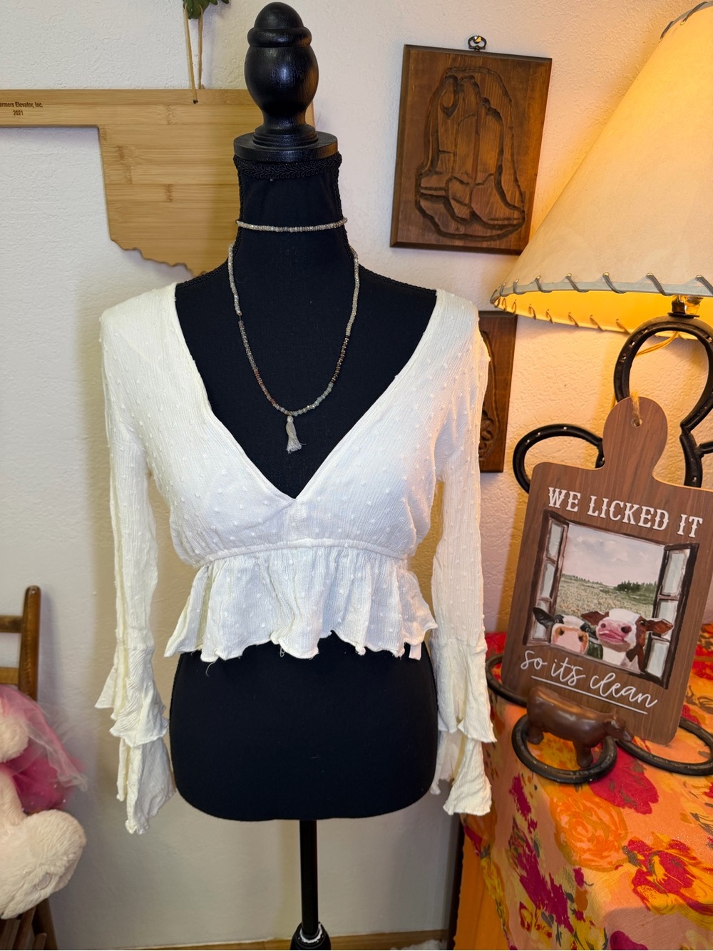 Nasty Gal Beige Cream Ruffle Blouse Crop Top Hippie Bell Sleeve Boho Festival 6